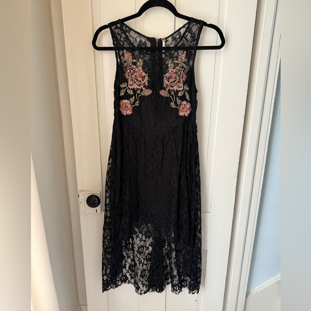 Free People Black Lace High Low Dress with Pink Floral Embroidery